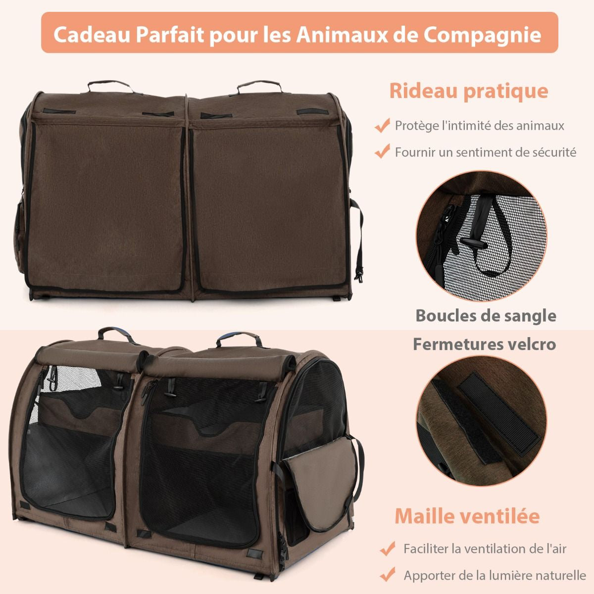 Sac De Transport Pour Chat Et Chien Pliable Avec 2 Compartiments Cage De Transport Pour Animaux Avec 2 Hamacs Amovibles Marron