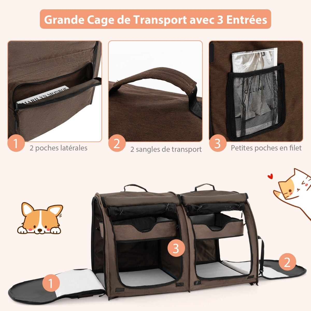 Sac De Transport Pour Chat Et Chien Pliable Avec 2 Compartiments Cage De Transport Pour Animaux Avec 2 Hamacs Amovibles Marron