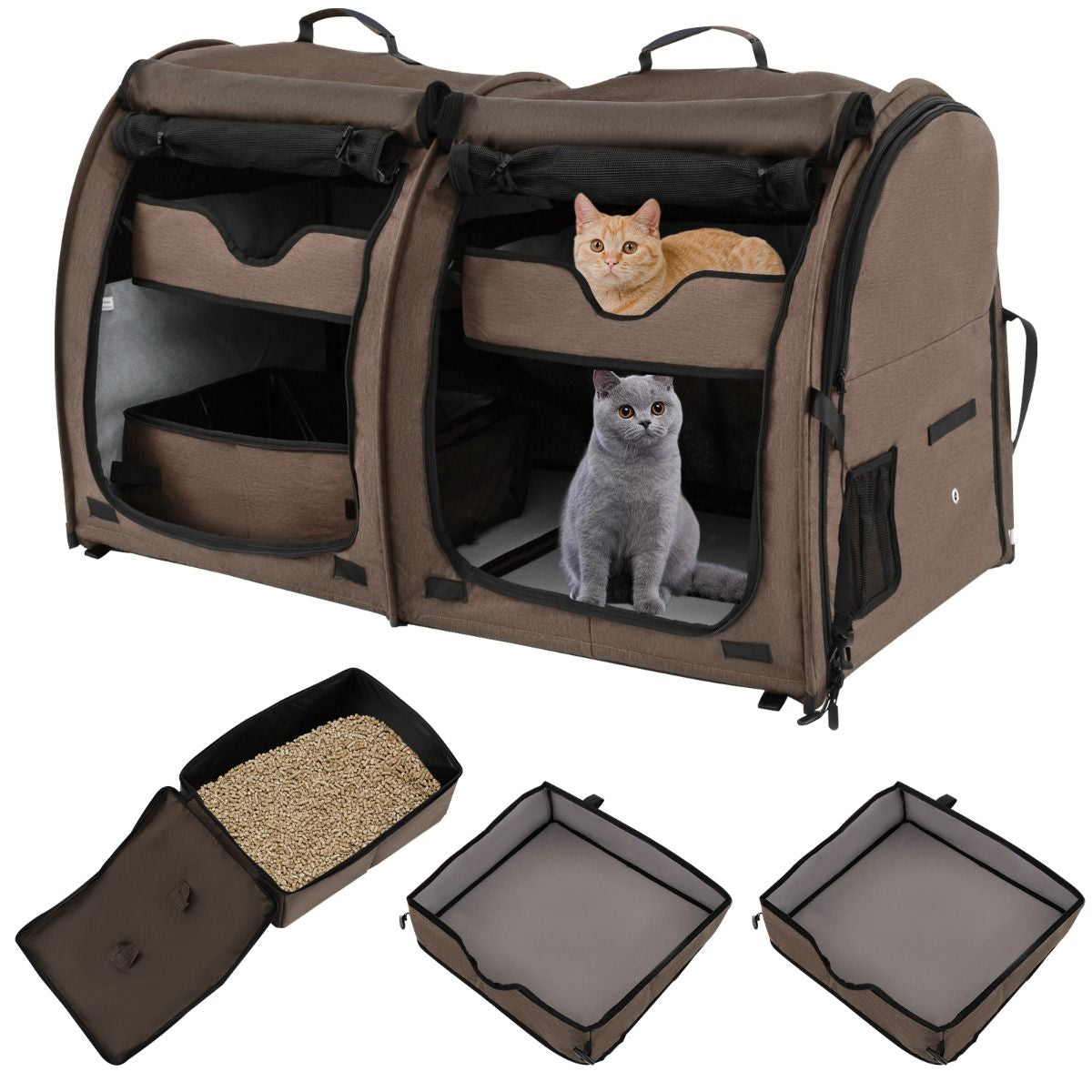 Sac De Transport Pour Chat Et Chien Pliable Avec 2 Compartiments Cage De Transport Pour Animaux Avec 2 Hamacs Amovibles Marron