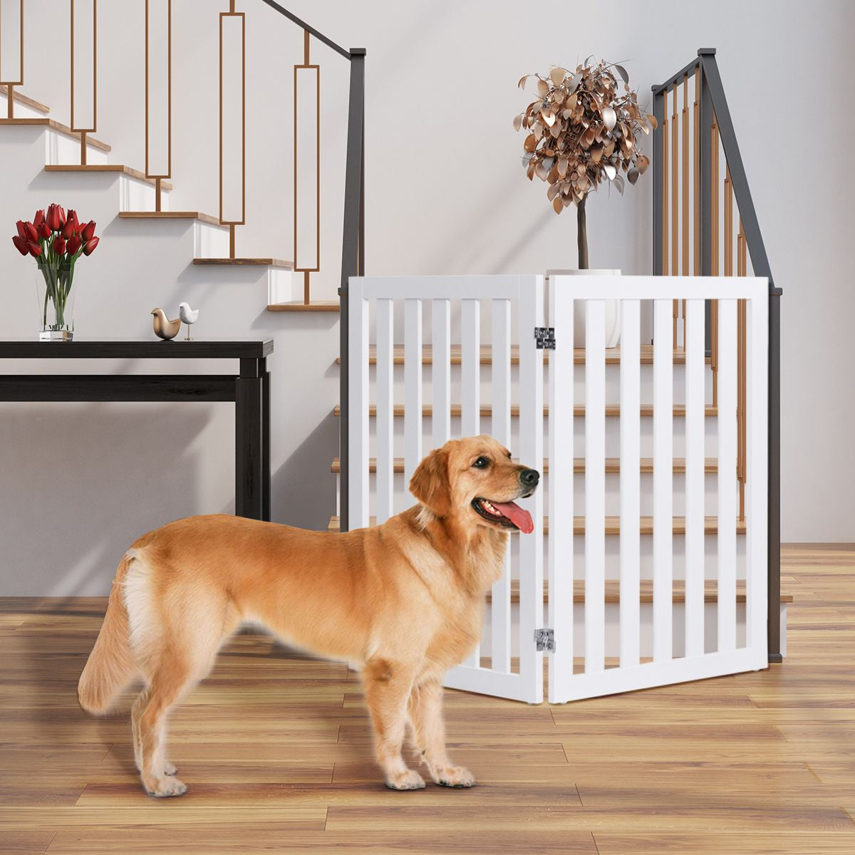 Barrière Autoportante Pour Chien 2/4 Panneaux En Bois Charnières Métalliques À 360° Antidérapants Pour Maison Escaliers Blanc