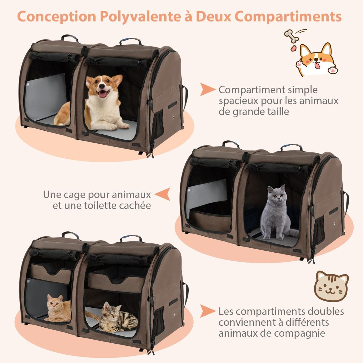 Sac De Transport Pour Chat Et Chien Pliable Avec 2 Compartiments Cage De Transport Pour Animaux Avec 2 Hamacs Amovibles Marron