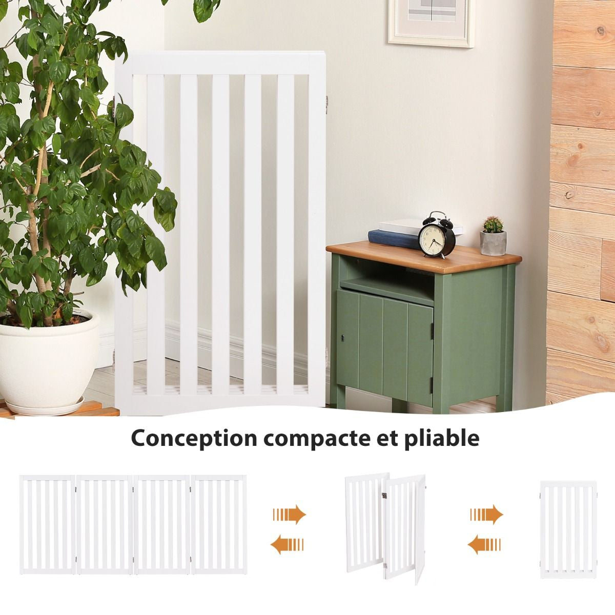 Barrière Autoportante Pour Chien 2/4 Panneaux En Bois Charnières Métalliques À 360° Antidérapants Pour Maison Escaliers Blanc