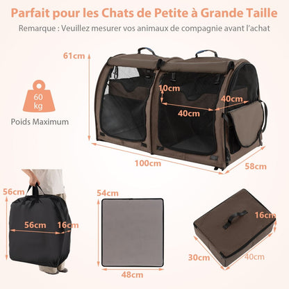 Sac De Transport Pour Chat Et Chien Pliable Avec 2 Compartiments Cage De Transport Pour Animaux Avec 2 Hamacs Amovibles Marron