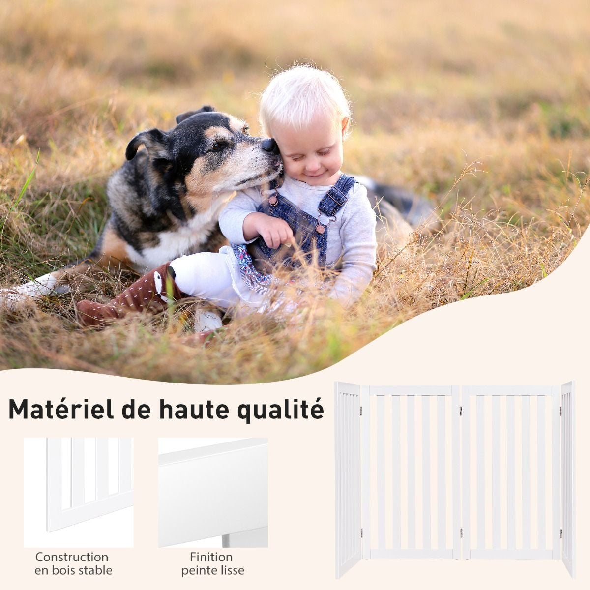 Barrière Autoportante Pour Chien 2/4 Panneaux En Bois Charnières Métalliques À 360° Antidérapants Pour Maison Escaliers Blanc