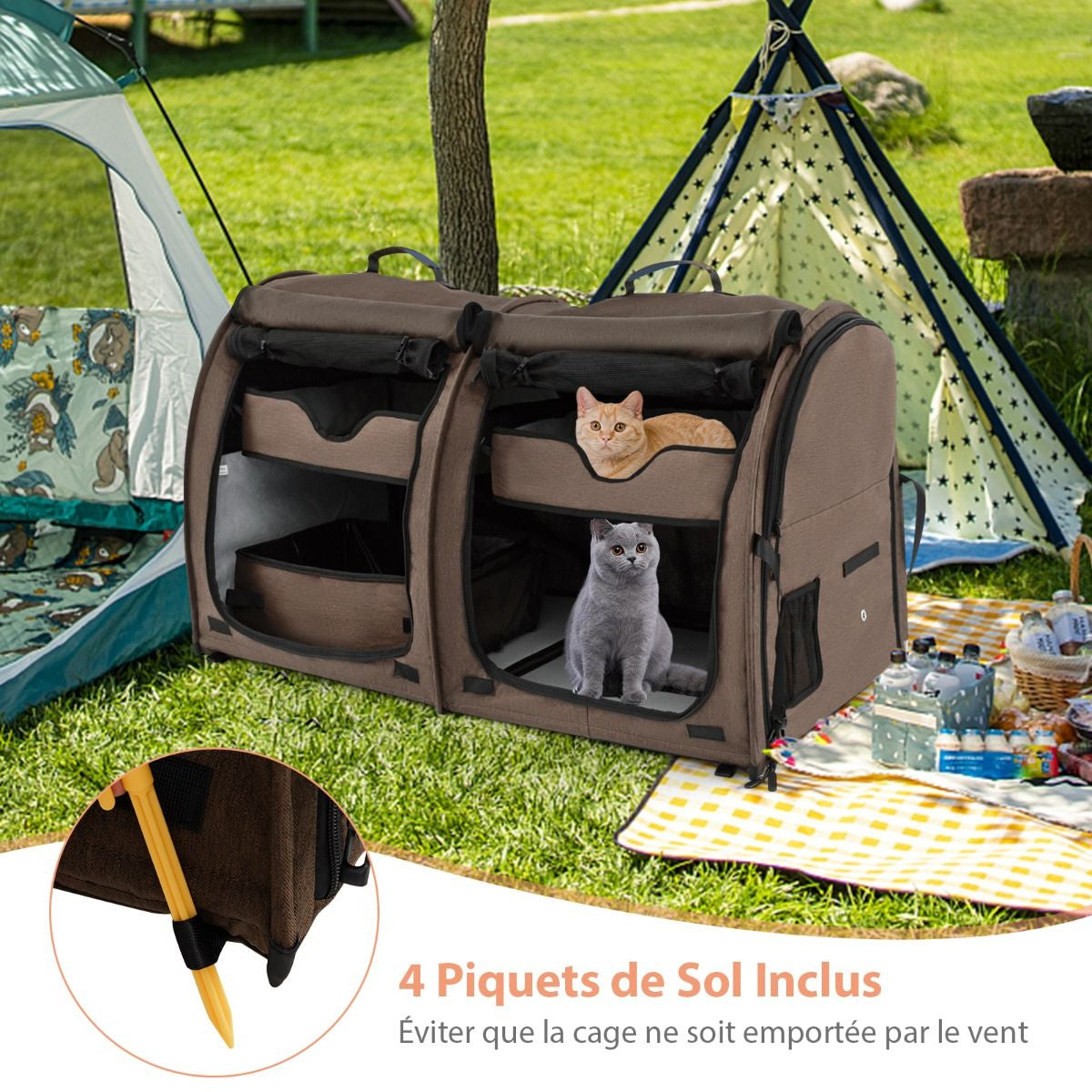 Sac De Transport Pour Chat Et Chien Pliable Avec 2 Compartiments Cage De Transport Pour Animaux Avec 2 Hamacs Amovibles Marron