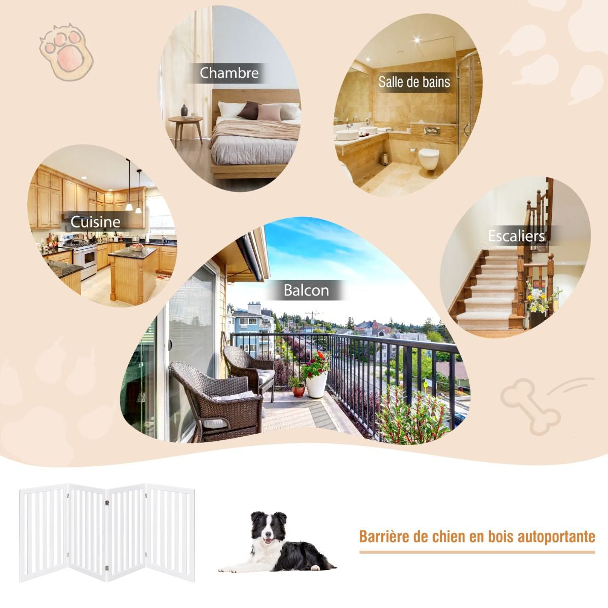 Barrière Autoportante Pour Chien 2/4 Panneaux En Bois Charnières Métalliques À 360° Antidérapants Pour Maison Escaliers Blanc